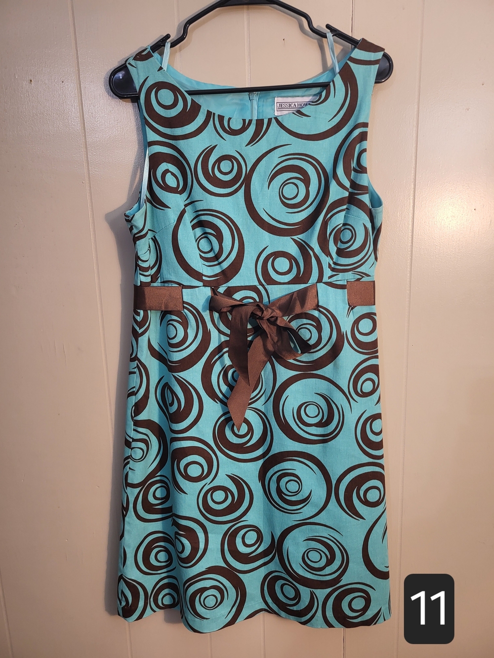 Jessica Howard Turquoise Dress with Brown Swirl Print and Bow